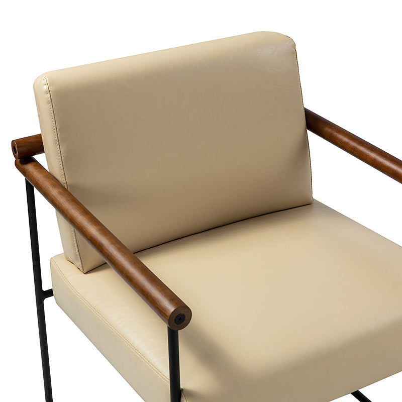 Fauteuil PU & Bouclette avec Accoudoirs Ronds en Bois Massif, Cadre Tubulaire en Métal et Pieds en Métal Noir | Bleu Marine / Gris / Turquoise / Ivoire | Monoplace