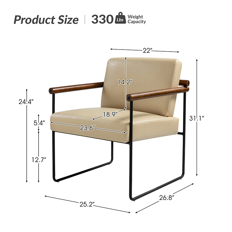 Fauteuil PU & Bouclette avec Accoudoirs Ronds en Bois Massif, Cadre Tubulaire en Métal et Pieds en Métal Noir | Bleu Marine / Gris / Turquoise / Ivoire | Monoplace