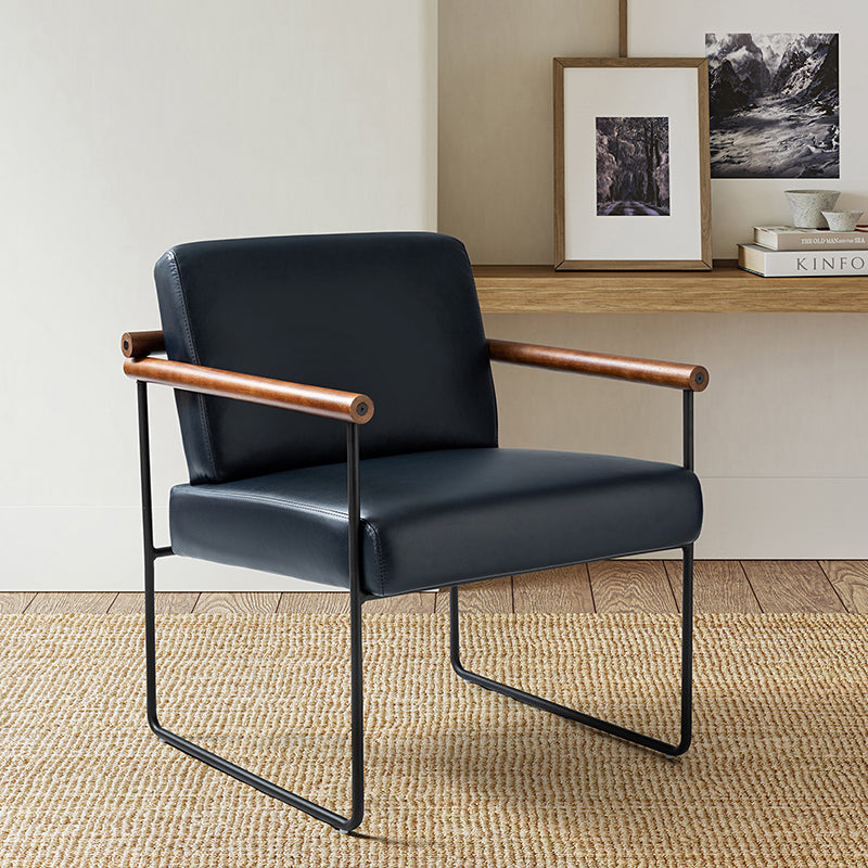 Fauteuil PU & Bouclette avec Accoudoirs Ronds en Bois Massif, Cadre Tubulaire en Métal et Pieds en Métal Noir | Bleu Marine / Gris / Turquoise / Ivoire | Monoplace