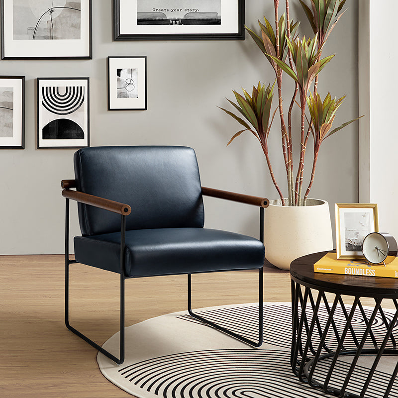 Fauteuil PU & Bouclette avec Accoudoirs Ronds en Bois Massif, Cadre Tubulaire en Métal et Pieds en Métal Noir | Bleu Marine / Gris / Turquoise / Ivoire | Monoplace