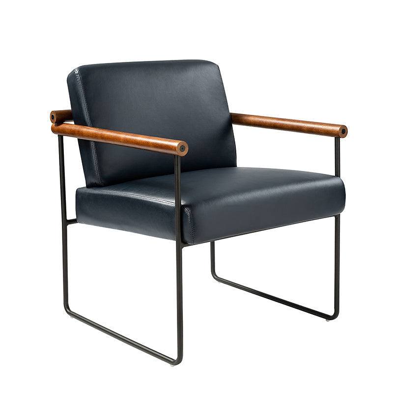 Fauteuil PU & Bouclette avec Accoudoirs Ronds en Bois Massif, Cadre Tubulaire en Métal et Pieds en Métal Noir | Bleu Marine / Gris / Turquoise / Ivoire | Monoplace