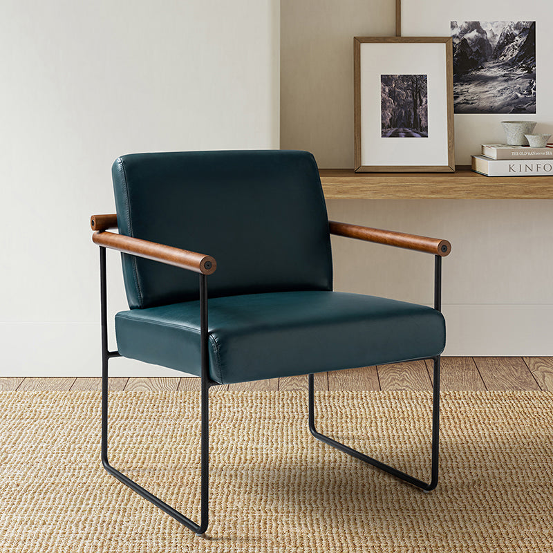 Fauteuil PU & Bouclette avec Accoudoirs Ronds en Bois Massif, Cadre Tubulaire en Métal et Pieds en Métal Noir | Bleu Marine / Gris / Turquoise / Ivoire | Monoplace