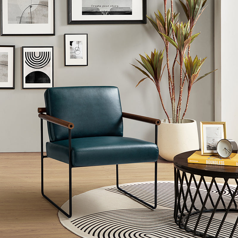 Fauteuil PU & Bouclette avec Accoudoirs Ronds en Bois Massif, Cadre Tubulaire en Métal et Pieds en Métal Noir | Bleu Marine / Gris / Turquoise / Ivoire | Monoplace