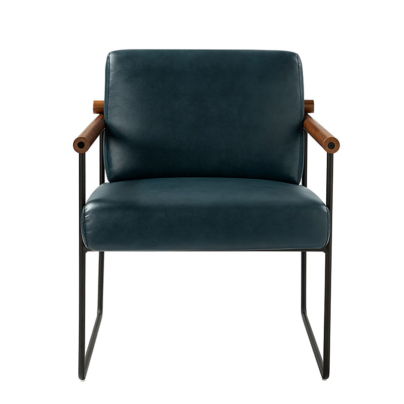 Fauteuil PU & Bouclette avec Accoudoirs Ronds en Bois Massif, Cadre Tubulaire en Métal et Pieds en Métal Noir | Bleu Marine / Gris / Turquoise / Ivoire | Monoplace