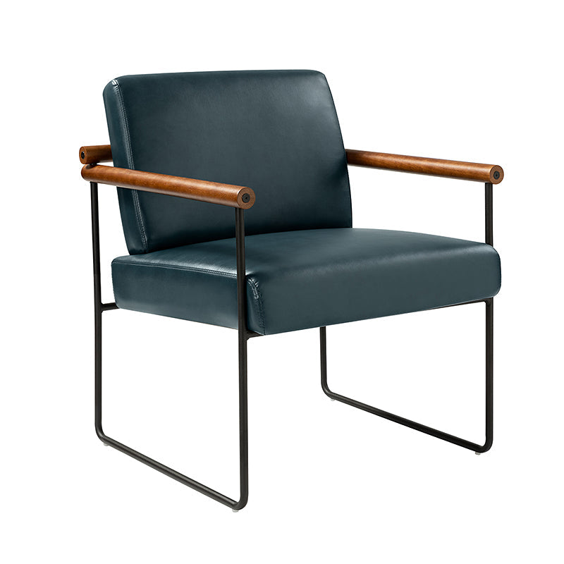 Fauteuil PU & Bouclette avec Accoudoirs Ronds en Bois Massif, Cadre Tubulaire en Métal et Pieds en Métal Noir | Bleu Marine / Gris / Turquoise / Ivoire | Monoplace