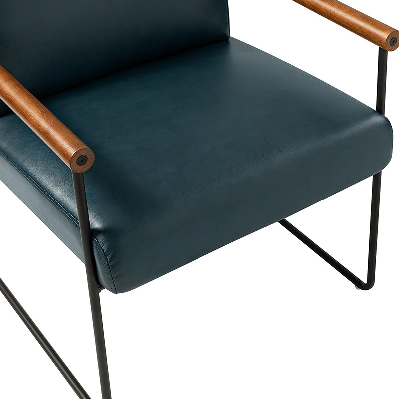 Fauteuil PU & Bouclette avec Accoudoirs Ronds en Bois Massif, Cadre Tubulaire en Métal et Pieds en Métal Noir | Bleu Marine / Gris / Turquoise / Ivoire | Monoplace
