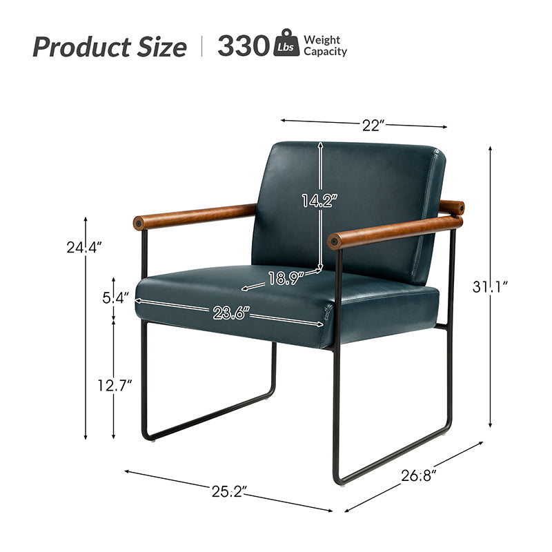 Fauteuil PU & Bouclette avec Accoudoirs Ronds en Bois Massif, Cadre Tubulaire en Métal et Pieds en Métal Noir | Bleu Marine / Gris / Turquoise / Ivoire | Monoplace