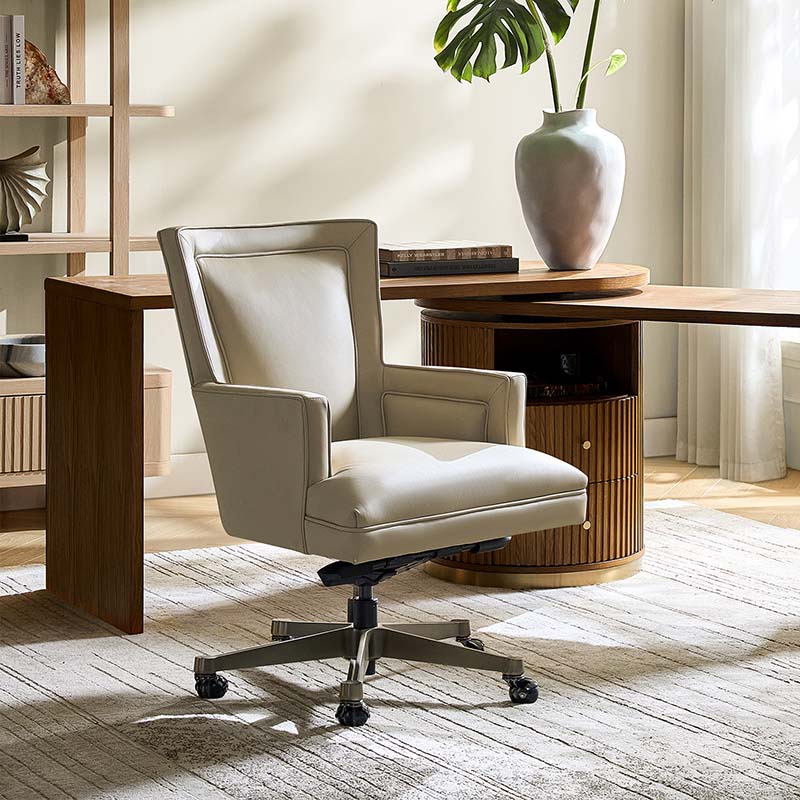Fauteuil de bureau ergonomique en cuir véritable avec hauteur réglable, mécanisme d'inclinaison blocable et piètement en acier doré | Beige / Gris | Siège simple