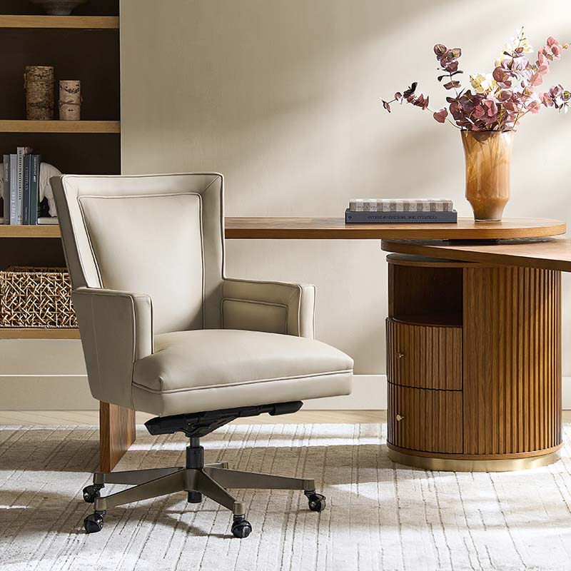 Fauteuil de bureau ergonomique en cuir véritable avec hauteur réglable, mécanisme d'inclinaison blocable et piètement en acier doré | Beige / Gris | Siège simple