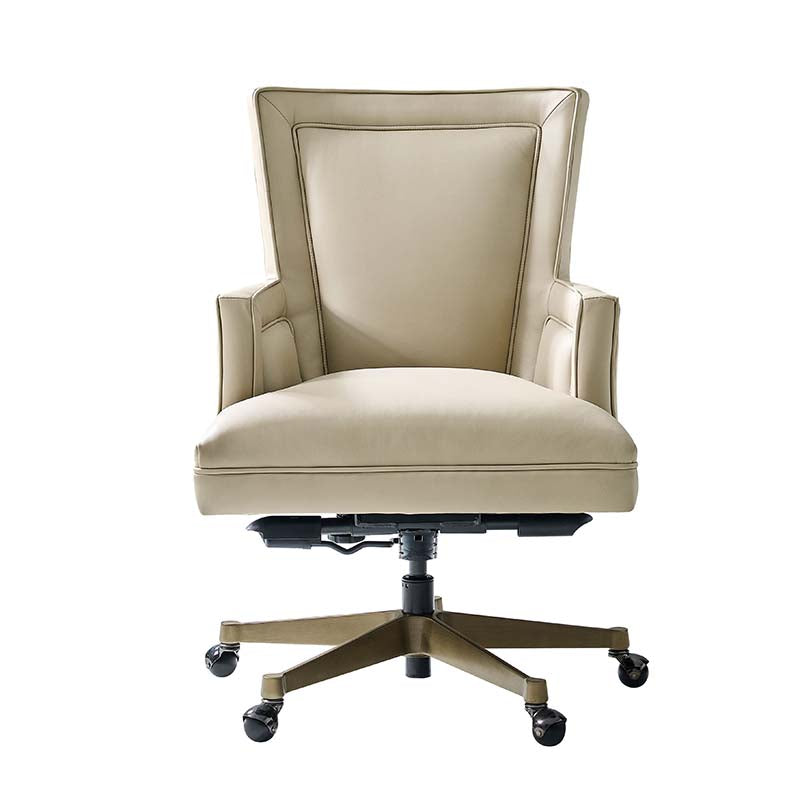 Fauteuil de bureau ergonomique en cuir véritable avec hauteur réglable, mécanisme d'inclinaison blocable et piètement en acier doré | Beige / Gris | Siège simple