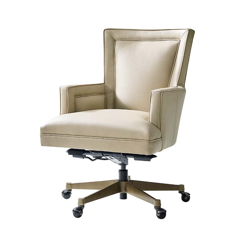Fauteuil de bureau ergonomique en cuir véritable avec hauteur réglable, mécanisme d'inclinaison blocable et piètement en acier doré | Beige / Gris | Siège simple