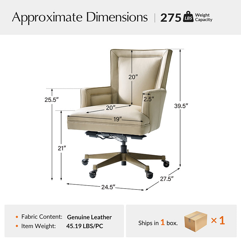 Fauteuil de bureau ergonomique en cuir véritable avec hauteur réglable, mécanisme d'inclinaison blocable et piètement en acier doré | Beige / Gris | Siège simple
