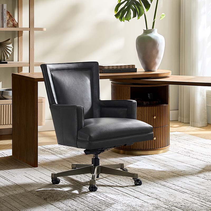 Fauteuil de bureau ergonomique en cuir véritable avec hauteur réglable, mécanisme d'inclinaison blocable et piètement en acier doré | Beige / Gris | Siège simple