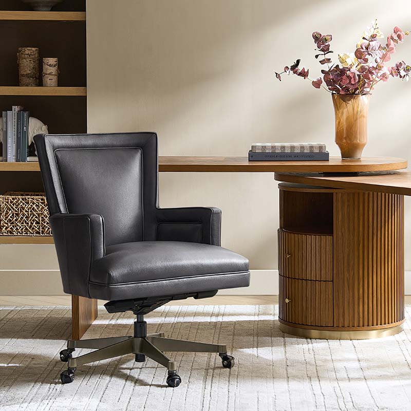 Fauteuil de bureau ergonomique en cuir véritable avec hauteur réglable, mécanisme d'inclinaison blocable et piètement en acier doré | Beige / Gris | Siège simple