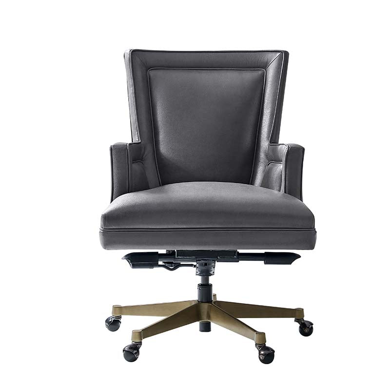 Fauteuil de bureau ergonomique en cuir véritable avec hauteur réglable, mécanisme d'inclinaison blocable et piètement en acier doré | Beige / Gris | Siège simple