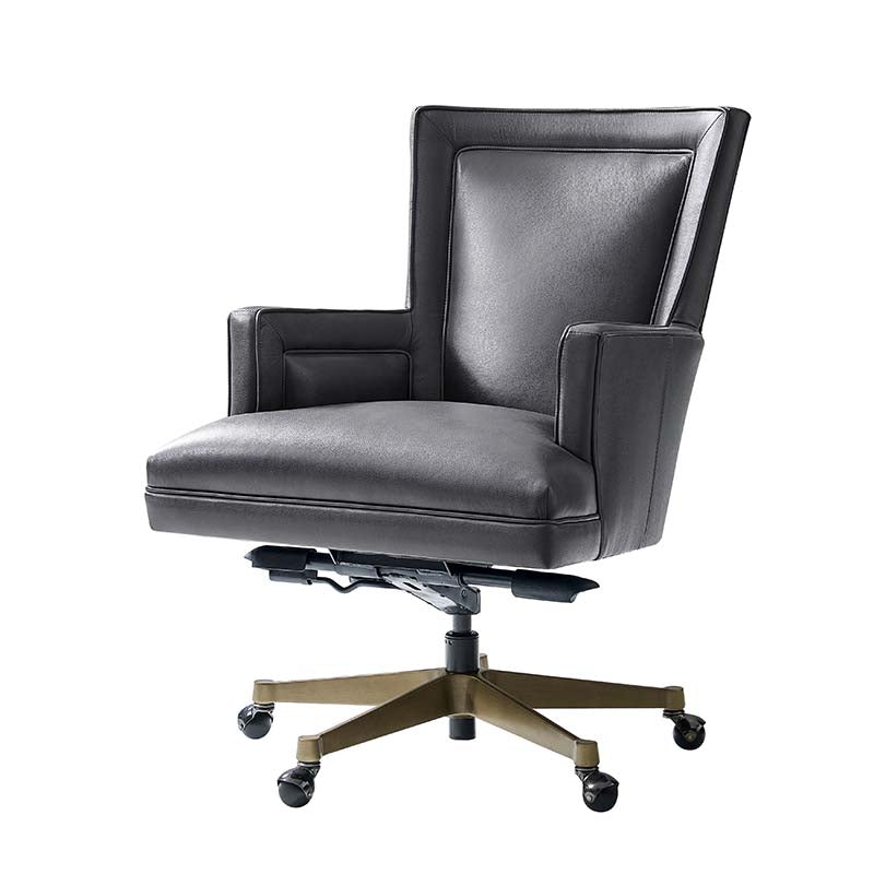 Fauteuil de bureau ergonomique en cuir véritable avec hauteur réglable, mécanisme d'inclinaison blocable et piètement en acier doré | Beige / Gris | Siège simple