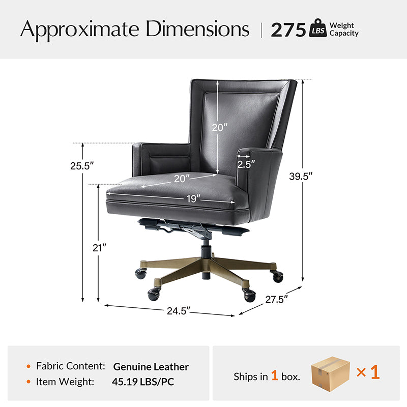 Fauteuil de bureau ergonomique en cuir véritable avec hauteur réglable, mécanisme d'inclinaison blocable et piètement en acier doré | Beige / Gris | Siège simple
