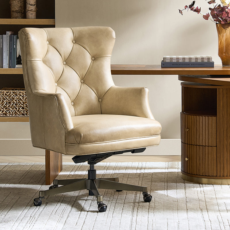 Fauteuil de bureau capitonné à dossier haut en cuir véritable avec hauteur réglable, inclinaison verrouillable et base en bronze antique | Beige / Camel | Siège unique