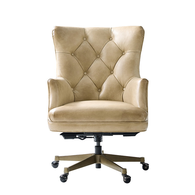 Fauteuil de bureau capitonné à dossier haut en cuir véritable avec hauteur réglable, inclinaison verrouillable et base en bronze antique | Beige / Camel | Siège unique