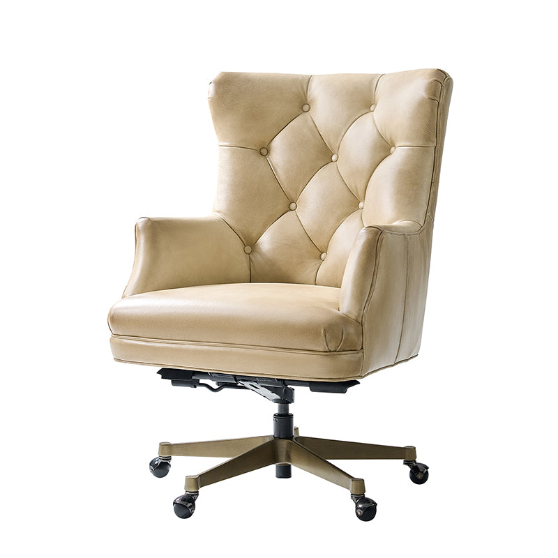 Fauteuil de bureau capitonné à dossier haut en cuir véritable avec hauteur réglable, inclinaison verrouillable et base en bronze antique | Beige / Camel | Siège unique