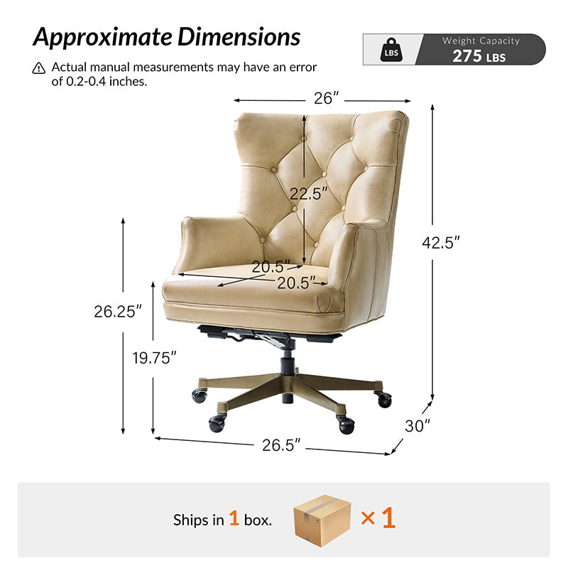 Fauteuil de bureau capitonné à dossier haut en cuir véritable avec hauteur réglable, inclinaison verrouillable et base en bronze antique | Beige / Camel | Siège unique