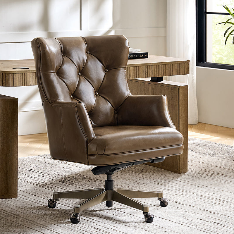 Fauteuil de bureau capitonné à dossier haut en cuir véritable avec hauteur réglable, inclinaison verrouillable et base en bronze antique | Beige / Camel | Siège unique