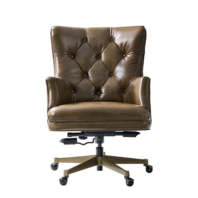 Fauteuil de bureau capitonné à dossier haut en cuir véritable avec hauteur réglable, inclinaison verrouillable et base en bronze antique | Beige / Camel | Siège unique