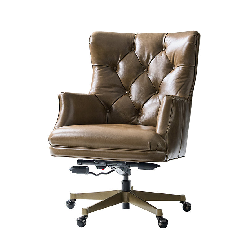 Fauteuil de bureau capitonné à dossier haut en cuir véritable avec hauteur réglable, inclinaison verrouillable et base en bronze antique | Beige / Camel | Siège unique