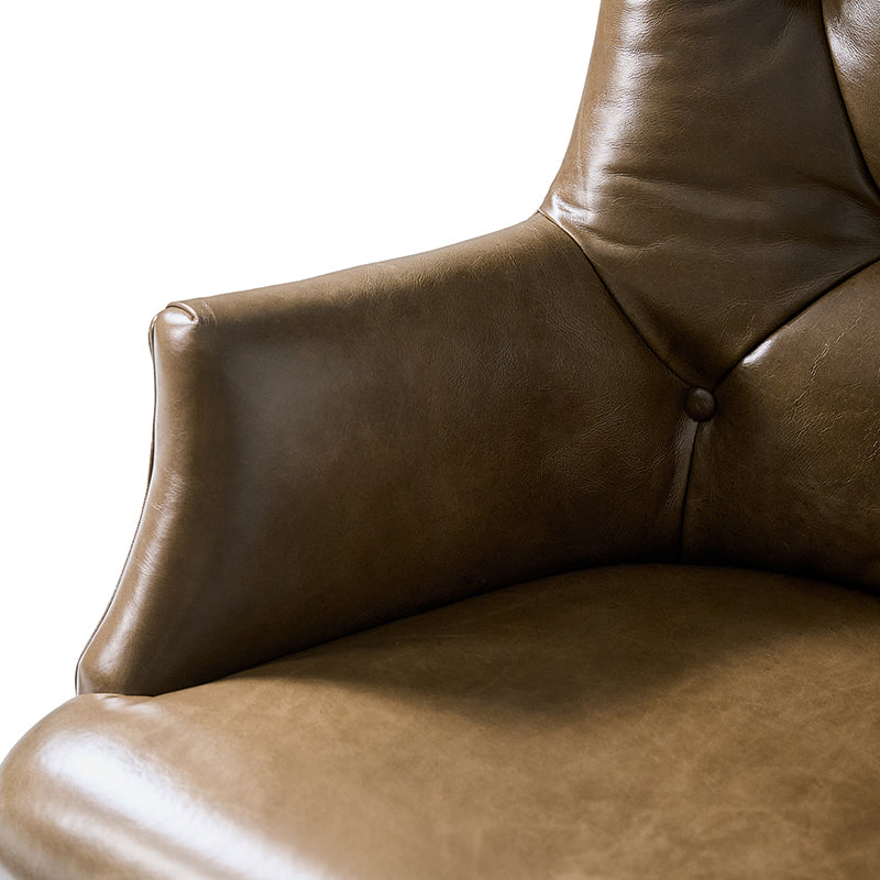 Fauteuil de bureau capitonné à dossier haut en cuir véritable avec hauteur réglable, inclinaison verrouillable et base en bronze antique | Beige / Camel | Siège unique