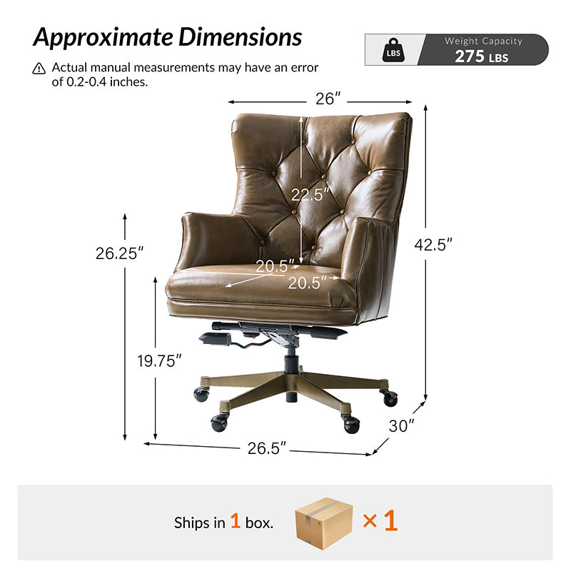 Fauteuil de bureau capitonné à dossier haut en cuir véritable avec hauteur réglable, inclinaison verrouillable et base en bronze antique | Beige / Camel | Siège unique