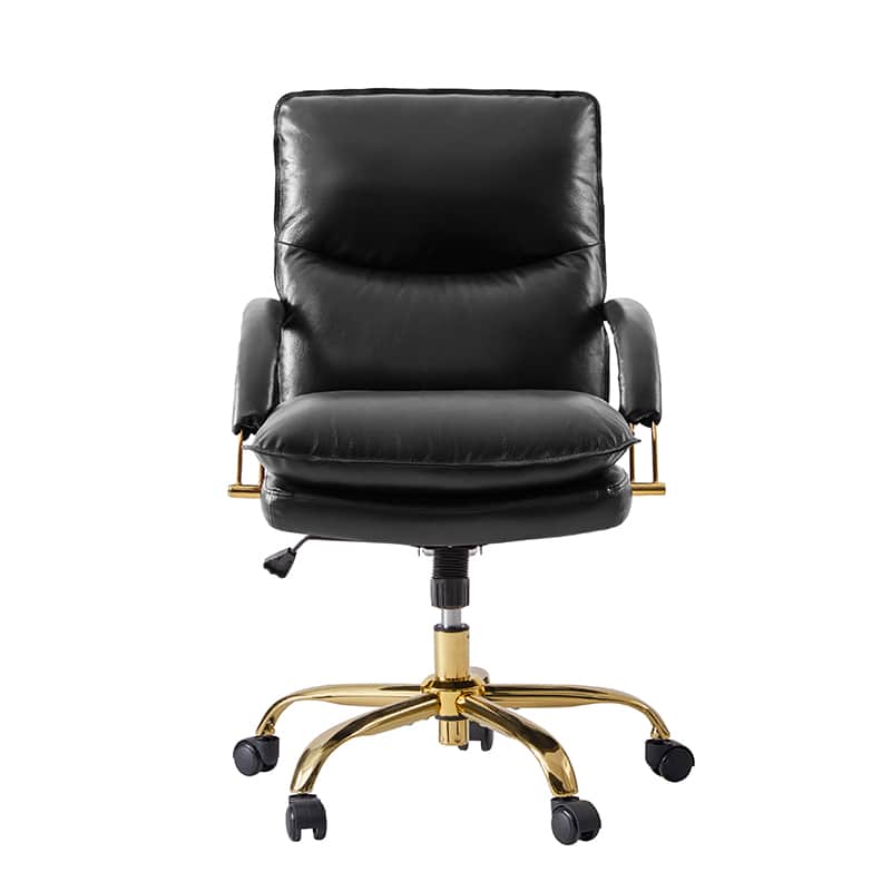 Chaise de Bureau Capitonnée en Cuir Véritable avec Hauteur Réglable, Pivotante à 360° et Piètement en Métal Doré | Marron / Camel / Noir | Siège Unique