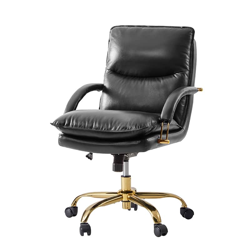 Chaise de Bureau Capitonnée en Cuir Véritable avec Hauteur Réglable, Pivotante à 360° et Piètement en Métal Doré | Marron / Camel / Noir | Siège Unique