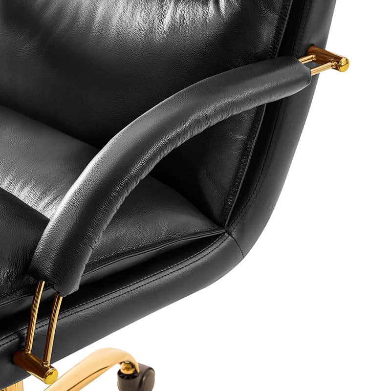 Chaise de Bureau Capitonnée en Cuir Véritable avec Hauteur Réglable, Pivotante à 360° et Piètement en Métal Doré | Marron / Camel / Noir | Siège Unique