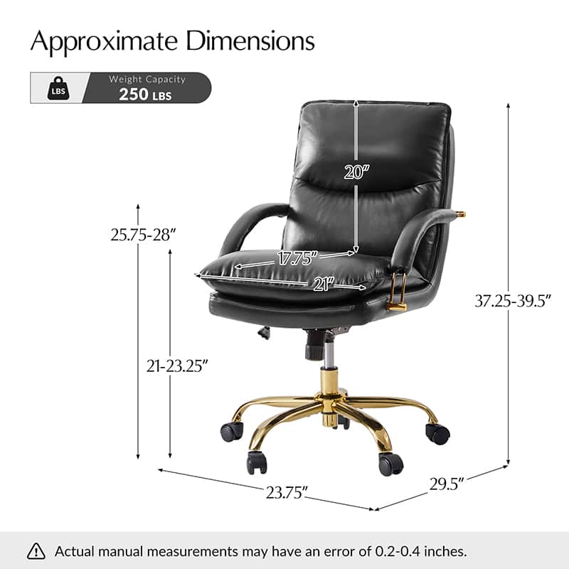 Chaise de Bureau Capitonnée en Cuir Véritable avec Hauteur Réglable, Pivotante à 360° et Piètement en Métal Doré | Marron / Camel / Noir | Siège Unique