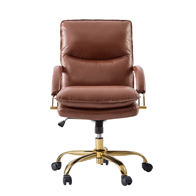 Chaise de Bureau Capitonnée en Cuir Véritable avec Hauteur Réglable, Pivotante à 360° et Piètement en Métal Doré | Marron / Camel / Noir | Siège Unique