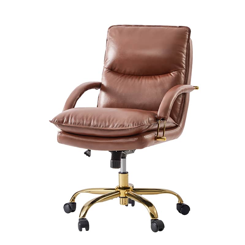 Chaise de Bureau Capitonnée en Cuir Véritable avec Hauteur Réglable, Pivotante à 360° et Piètement en Métal Doré | Marron / Camel / Noir | Siège Unique