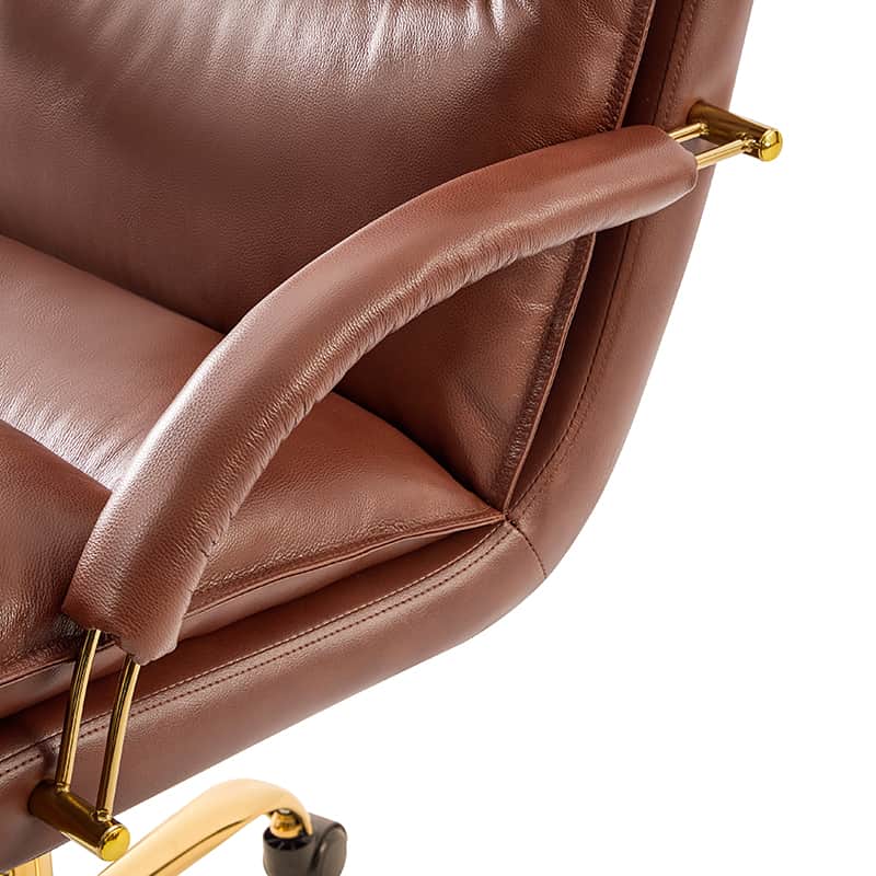 Chaise de Bureau Capitonnée en Cuir Véritable avec Hauteur Réglable, Pivotante à 360° et Piètement en Métal Doré | Marron / Camel / Noir | Siège Unique