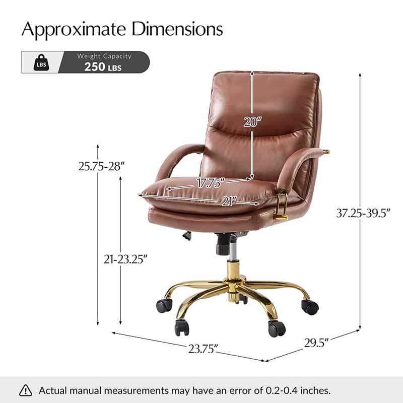 Chaise de Bureau Capitonnée en Cuir Véritable avec Hauteur Réglable, Pivotante à 360° et Piètement en Métal Doré | Marron / Camel / Noir | Siège Unique