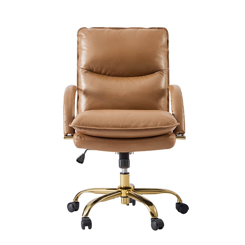 Chaise de Bureau Capitonnée en Cuir Véritable avec Hauteur Réglable, Pivotante à 360° et Piètement en Métal Doré | Marron / Camel / Noir | Siège Unique