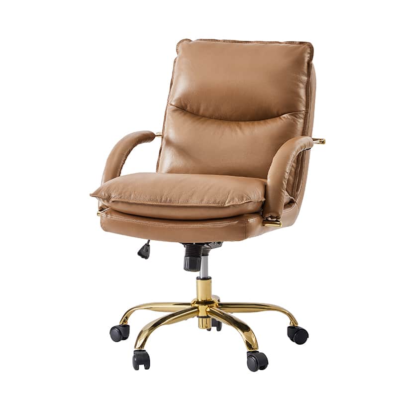 Chaise de Bureau Capitonnée en Cuir Véritable avec Hauteur Réglable, Pivotante à 360° et Piètement en Métal Doré | Marron / Camel / Noir | Siège Unique