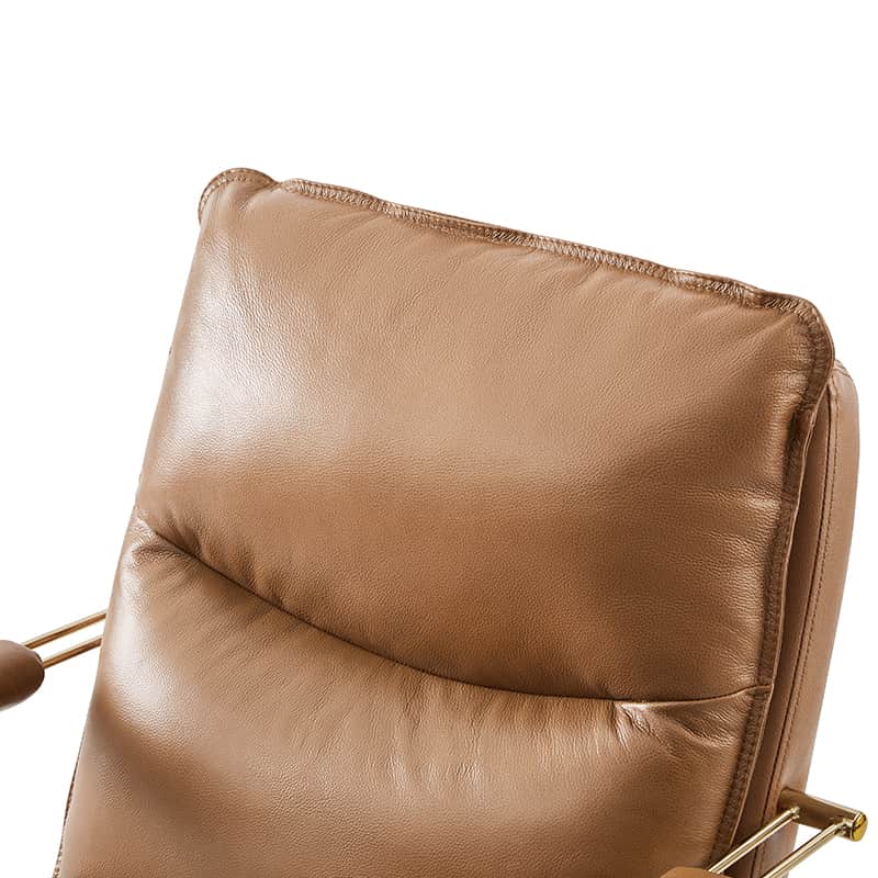 Chaise de Bureau Capitonnée en Cuir Véritable avec Hauteur Réglable, Pivotante à 360° et Piètement en Métal Doré | Marron / Camel / Noir | Siège Unique