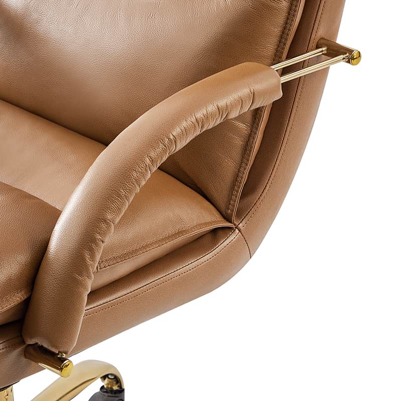 Chaise de Bureau Capitonnée en Cuir Véritable avec Hauteur Réglable, Pivotante à 360° et Piètement en Métal Doré | Marron / Camel / Noir | Siège Unique