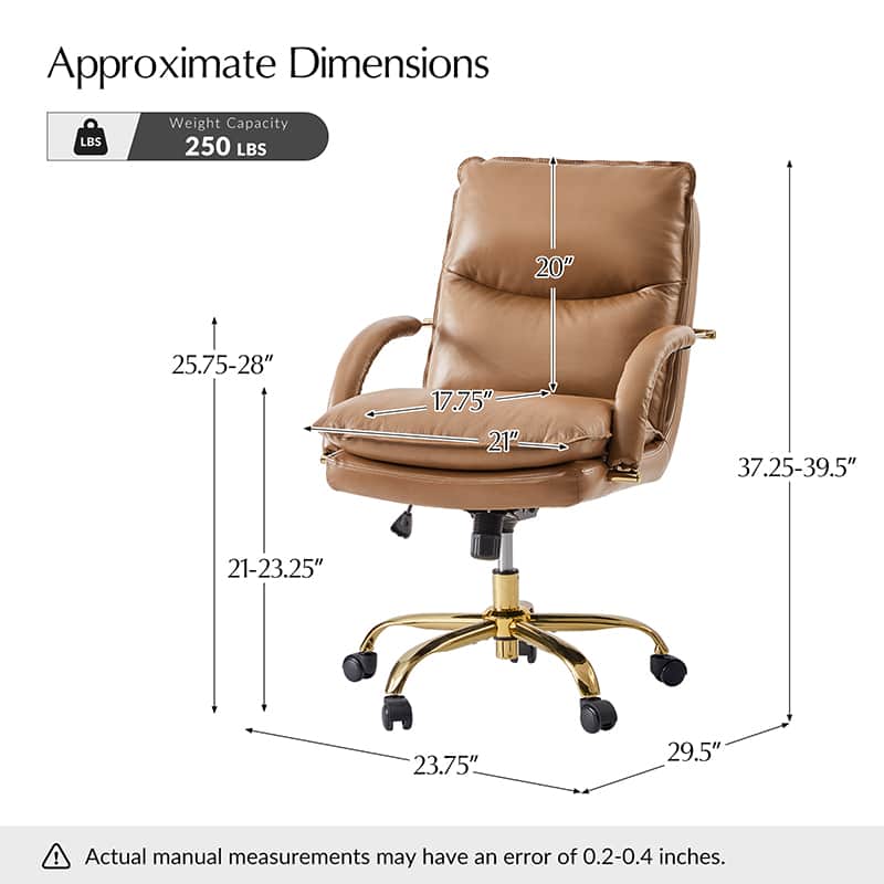 Chaise de Bureau Capitonnée en Cuir Véritable avec Hauteur Réglable, Pivotante à 360° et Piètement en Métal Doré | Marron / Camel / Noir | Siège Unique