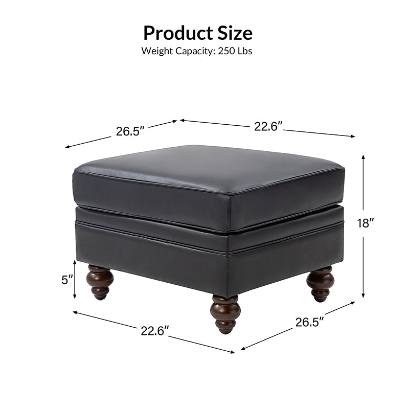 Ottoman en cuir véritable avec coussin amovible, base à ressorts et pieds en bois d'hévéa noyer | Noir / Chameau / Sauge / Marron / Marine | Simple