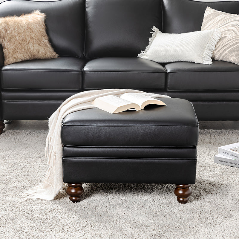 Ottoman en cuir véritable avec coussin amovible, base à ressorts et pieds en bois d'hévéa noyer | Noir / Chameau / Sauge / Marron / Marine | Simple