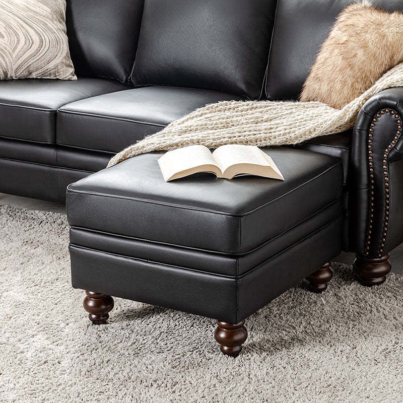 Ottoman en cuir véritable avec coussin amovible, base à ressorts et pieds en bois d'hévéa noyer | Noir / Chameau / Sauge / Marron / Marine | Simple