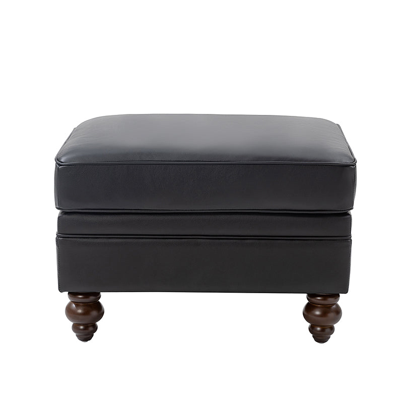 Ottoman en cuir véritable avec coussin amovible, base à ressorts et pieds en bois d'hévéa noyer | Noir / Chameau / Sauge / Marron / Marine | Simple