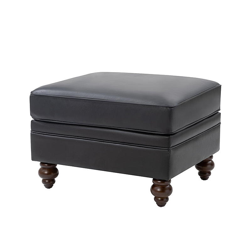 Ottoman en cuir véritable avec coussin amovible, base à ressorts et pieds en bois d'hévéa noyer | Noir / Chameau / Sauge / Marron / Marine | Simple