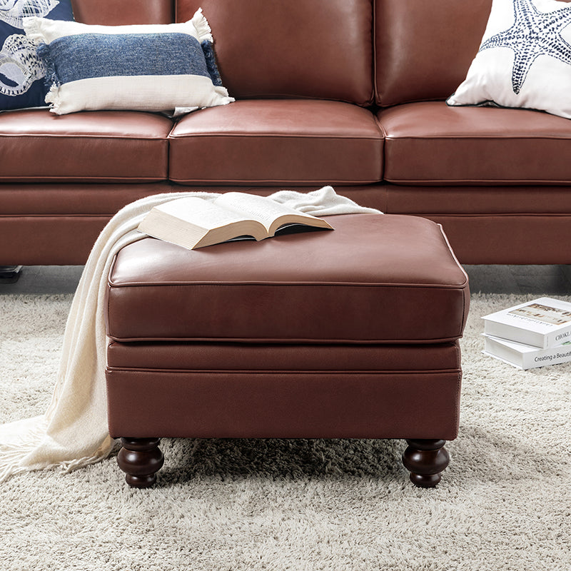 Ottoman en cuir véritable avec coussin amovible, base à ressorts et pieds en bois d'hévéa noyer | Noir / Chameau / Sauge / Marron / Marine | Simple