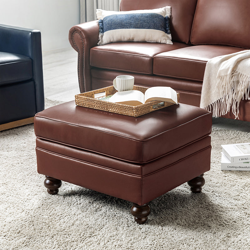 Ottoman en cuir véritable avec coussin amovible, base à ressorts et pieds en bois d'hévéa noyer | Noir / Chameau / Sauge / Marron / Marine | Simple
